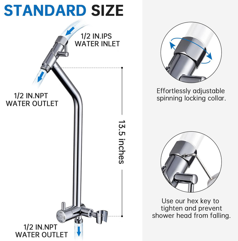 G-Promise All Metal Shower Diverter with Low Holder, Extended 13.5 Inch, 3-Way Diverter Valve with Pause Mode for Handheld and Fixed Shower Heads ∣ 4-Setting Replacement Part (Chrome) Chrome