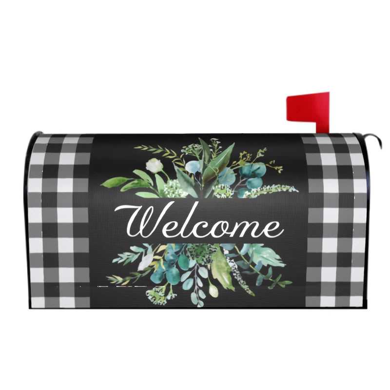 Kawani Wreath Buffalo Plaid Mailbox Covers Black White Plaid and Leaves Mailbox Cover Magnetic Welcome Mail Box Covers Garden Outdoor Decor Standard Size 21 x 18 Inchs 21x18 in Wreath Plaid