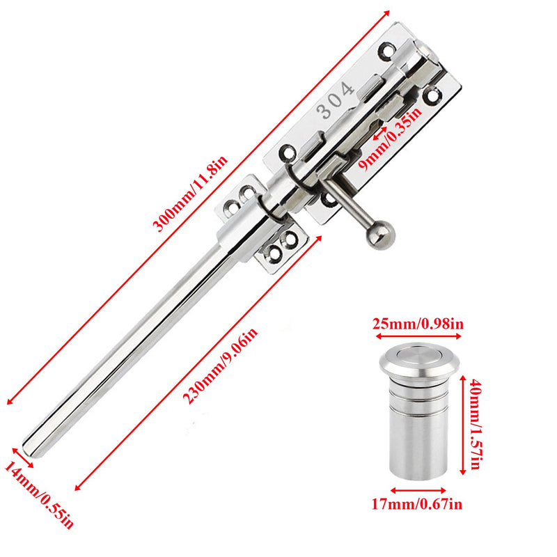 Slide Bolt Gate Latch Thickened 304 Stainless Steel Latches Heavy Duty Safety Barrel Bolt Door Lock with Padlock Hole and Dust Canister for Wooden Fence, Yard Door, Barn Door, Shed Door Silver 12in