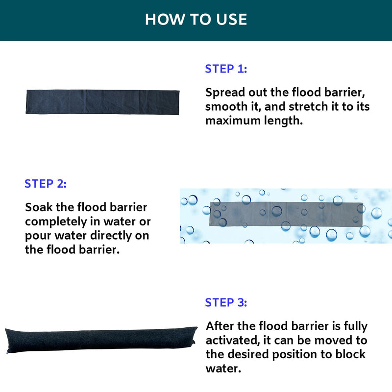 2Pcs 5FT Water Activated Flood Barriers, Sandless Sandbag for Rain Water Control, Resuable Flood Water Barrier for Garage and Home Doors, Easy to Use (5ft, 2Pack) 5ft, 2Pack