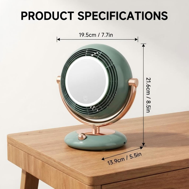 Retro-Style Makeup Mirror Desktop Portable Fan, Desktop Dressing Mirror with Built-in Fan, Equipped with LED Lighting, Warm and Cool Tone Lights, Touch Control Function (White) White