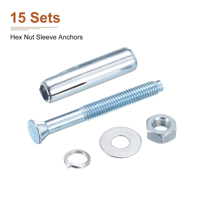 5/16" x 2-1/2" Hex Nut Sleeve Anchors - 15Pack - Good for Concrete Dry Brick Block Walls - Carbon Steel - Silver 15 5/16" x 2-1/2"