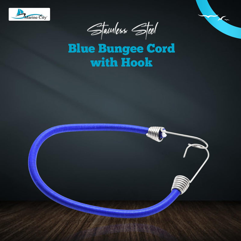 MARINE CITY Blue Bungee Cord with Stainless Steel Hook – 32 Inches, Durable, Weatherproof for Marines, Boats, Camping, Ships, Tie Downs Bungee Cord (Pack of 4)