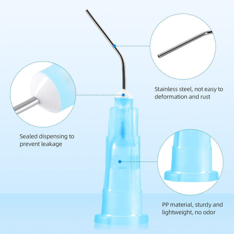 JMU 100Pcs Bent Dispensing Tips 25g, Blunt Tip Dispensing Needle, Dental Pre Bent Flow Dispensing Etch Tips, Disposable Oral Irrigation Needle Tips, Light Blue 100