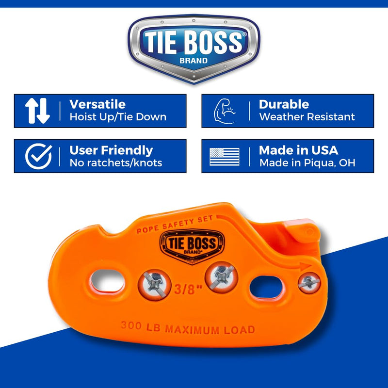 Tie Boss - 3/8 Inch, Heavy Duty, (300 lbs Working Load Limit), Weather Resistant, Tie Down, Rope Tightening System, (w/15 ft Rope) - Orange