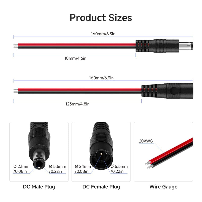 BTF-LIGHTING 10 Pairs 2 Pin 5.5mm x 2.1mm Male/Female 15cm 20AWG Wire DC Power Pigtail Cable Connector Plug for 2PIN FCOB COB LED Strip Light 2PIN DC