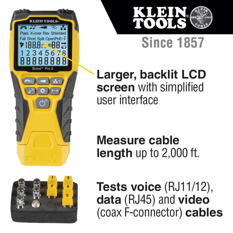 KLEIN TOOLS VDV501-851 Cable Tester Kit with Scout Pro 3 for Ethernet / Data, Coax / Video and Phone Cables, 5 Locator Remotes Starter Kit