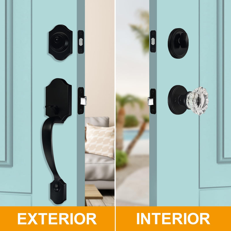 Black Front Door Lock Set with Single Cylinder Deadbolt and Crystal Glass Knob, Entry Front Door Handle Reversible for Left & Right Handed Door, Matte Black Finish 1