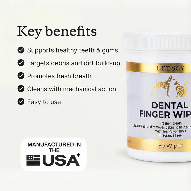 Petscy Dental Finger Wipes for Dogs and Cats – No Brush Teeth Cleaning Wipes for Fresh Breath & Oral Care – Green Tea & Tea Polyphenols – Fragrance-Free Pet Oral Cleansing - 50 Wipes