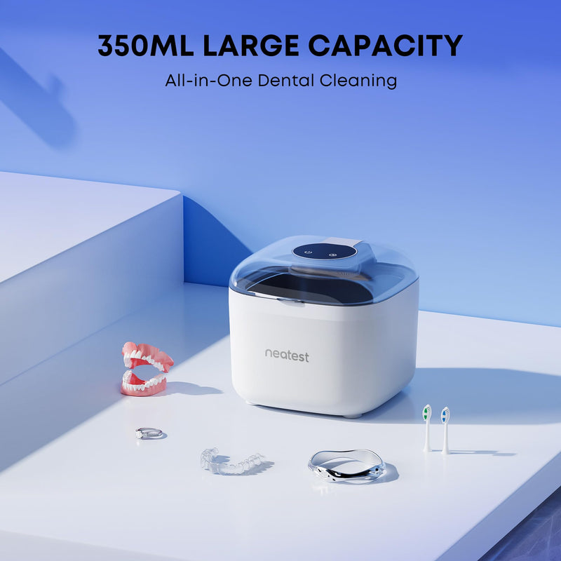 NEATEST Ultrasonic Retainer Cleaner Machine, 45kHz Ultrasonic Denture Cleaner, 350ML Stainless Steel Dental Cleaning Pod, 5 Timer Modes for Retainers, Aligners, Mouth Guards, Braces, Night Guards