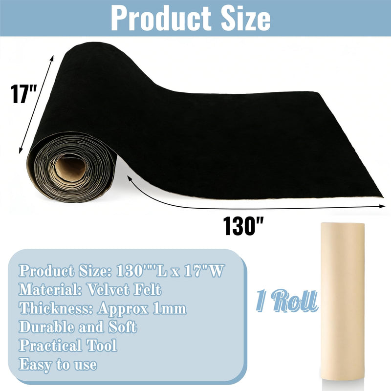 Self Adhesive Felt Fabric, 130''L x 17''W Soft Black Velvet Drawer Liner Roll, DIY Velvet Fabric Peel and Stick Felt Arts Crafts Tape for Jewelry Box, Cup Mats, Picture Frames, Chair Legs