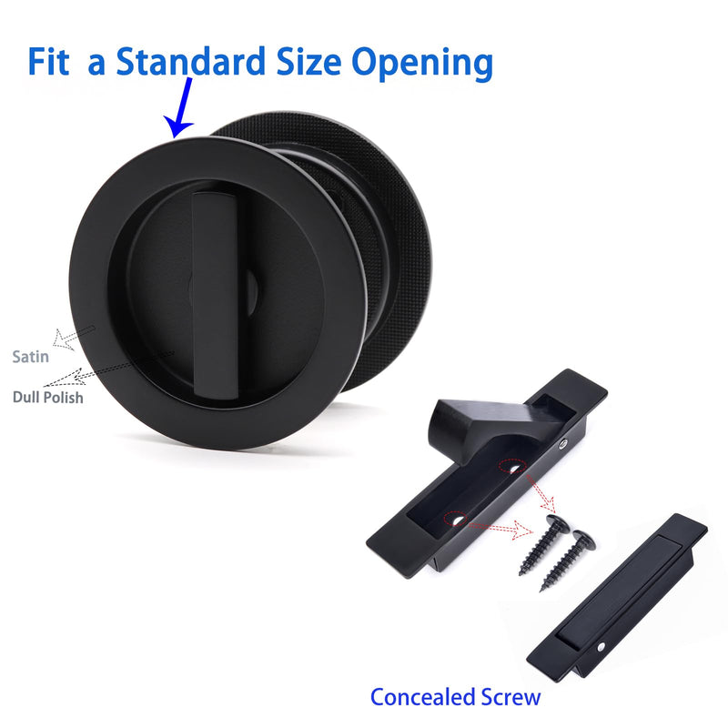 Dontay Pocket Door Passage Lock and Edge Pull, Non-Locking, Flush Mount, Low Profile Hidden Hardware, Flat Knob Handle for 1-3/8" to 2-3/16" Doors (1, Matte Black)