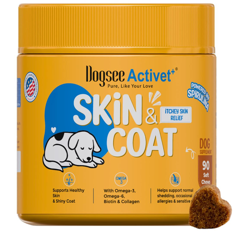 Dogsee Activet+ Dog Skin Coat Supplement Chews, with Omega 3, Omega 6,EPA & DHA, Biotin & Collagen, Stops Itchy Skin, Reduces Shedding, Promotes Shiny Coat, Healthy Skin, Chicken Flavor - 90 Chews Skin & Coat - Chicken