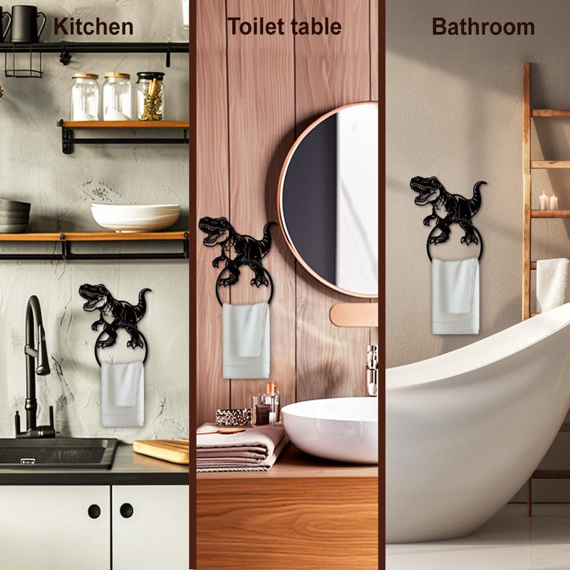 MAYJOYDIY Roar Dinosaur Metal Towel Ring Tyrannosaurus Rex Towel Holder Jurassic Animals Bath Towel Ring Black Art Towel Rack for Bathroom Kitchen Towel Hanger Home Decors Gift