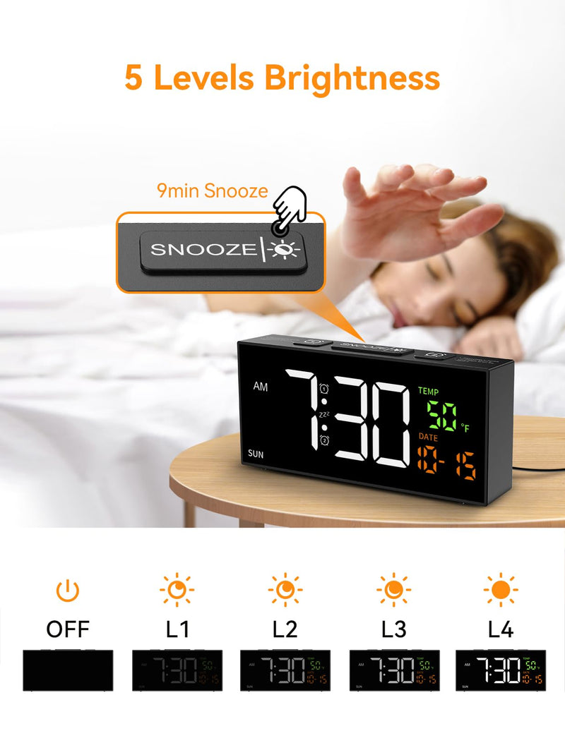 Netzu Alarm Clocks for Bedrooms, Digital Clock with Date Temperature and Weekday, Manual DST, Snooze, 2 Alarms, 4 Volumes for Living Room Home Bedside Desk (Black) Black