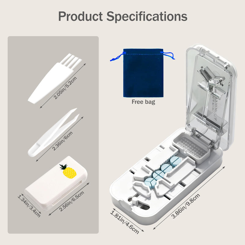 Portable Pill Cutter for Small & Large Pills, Cuts Multiple Tablets, 3-in-1 Professional Pill Splitter Cuts into 1/4, 1/3 & 1/2, with Storage Box, Ideal for Seniors & Travel Use (White) White