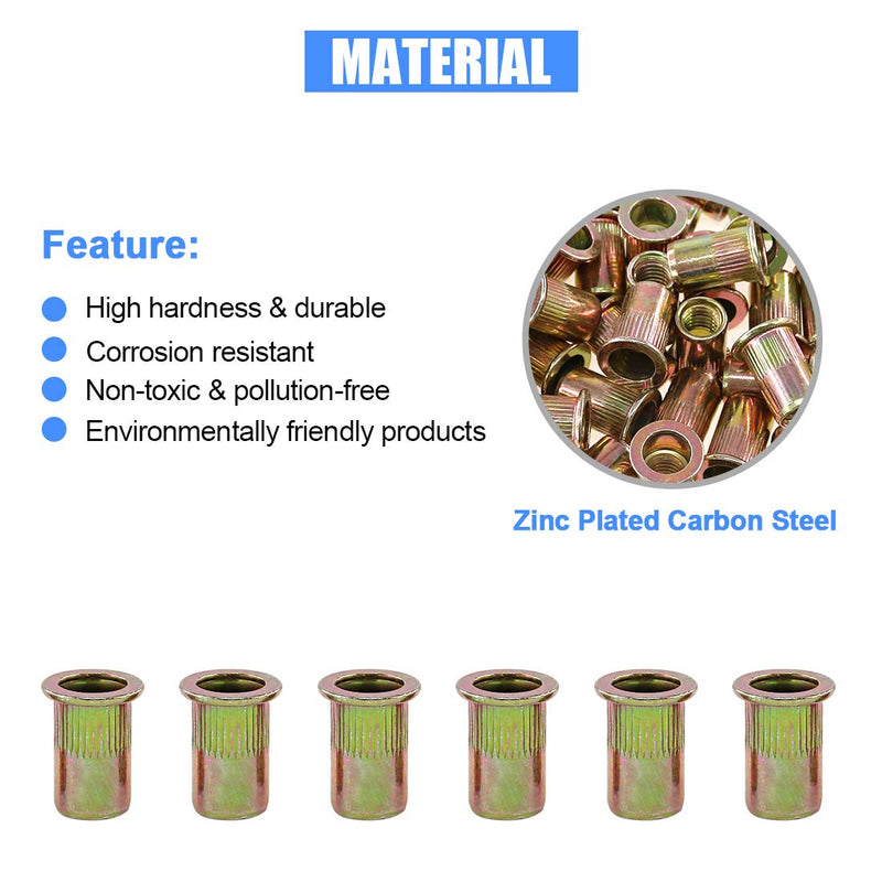 Glarks 100Pcs 5/16"-18UNC Zinc Plated Carbon Steel Rivet Nut Flat Head Rivnut Threaded Insert Nuts Set (5/16"-18UNC)