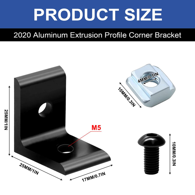 24 Pack 2020 Corner Bracket Connector 20 Series Aluminum Extrusion Profile Accessories Hardware, 90 Degree Angle Bracket for 20x20 Extruded Aluminum Black 20-Corner 2Hole