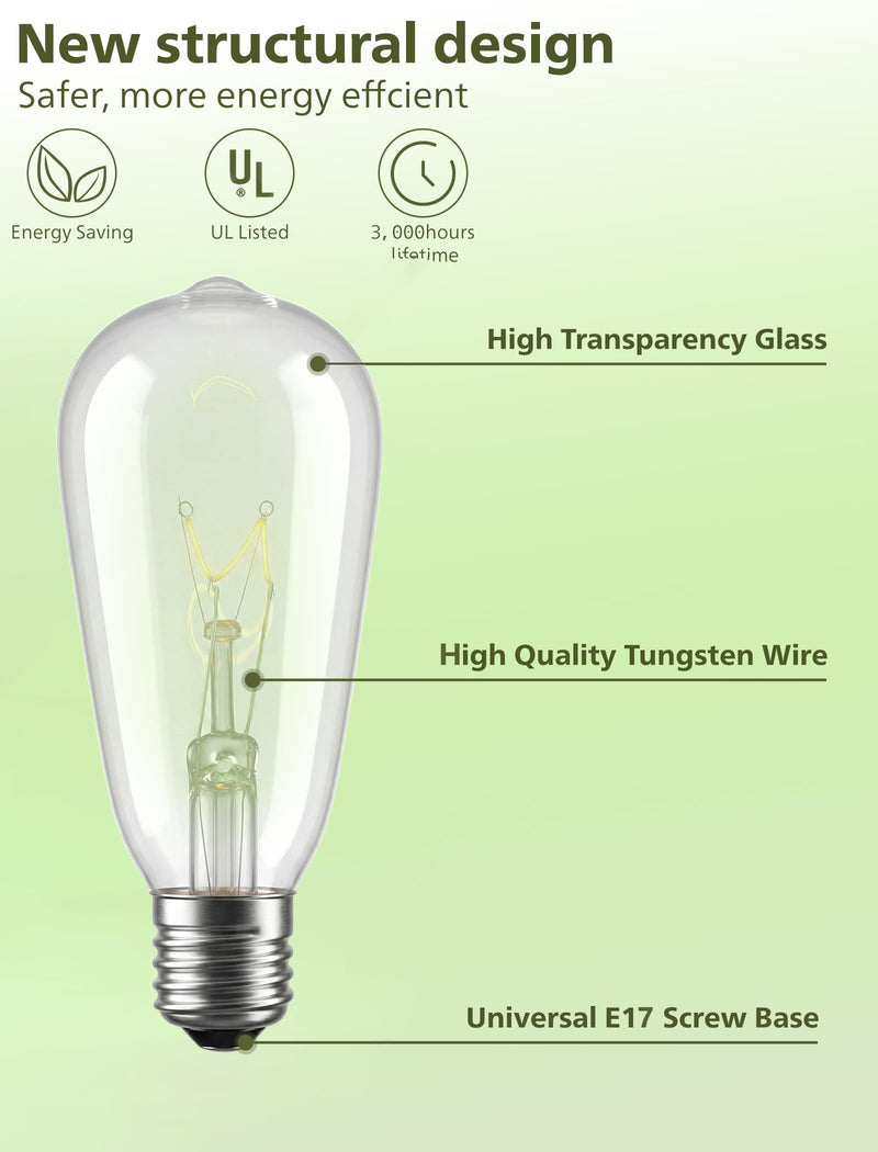 25-Pack ST40 Replacement Light Bulbs, 7W E17 Intermediate Base Edison Bulbs, Clear Glass Incandescent Waterproof Bulbs for Outdoor Patio Bistro Backyard String Lights, 2200K Warm White 25
