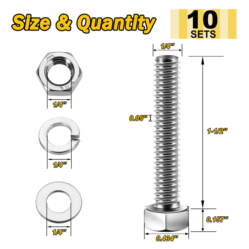 (10 Sets) 1/4-20x1-1/2 Hex Head Nuts and Bolts with Flat & Lock Washers, 304 Stainless Steel 18-8, Fully Threaded, 1/4 Bolt Metric Bolt Assortment 1-1/2" (Silver) 1/4-20" 10