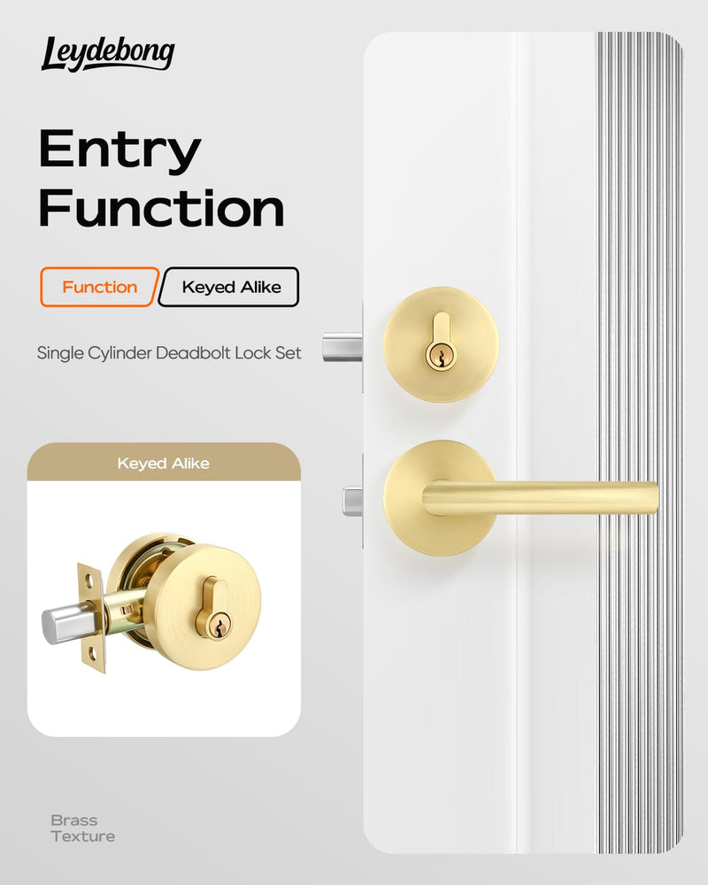 Leydebong 1 Pack Gold Front Door Locksets with Deadbolt, Satin Brass Door Handles, Combination Door Lock, Keyed Alike Exterior Door Lever Satin Brass - Keyed Alike Deadbolt Lock Set