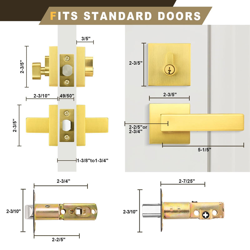 1 Pack Exterior Door Lockset with Deadbolt, Gold Passage Lever and Keyed Alike Single Cylinder Deadbolt, Reversible Square DoorHandleset for Bedroom, Front Door 1
