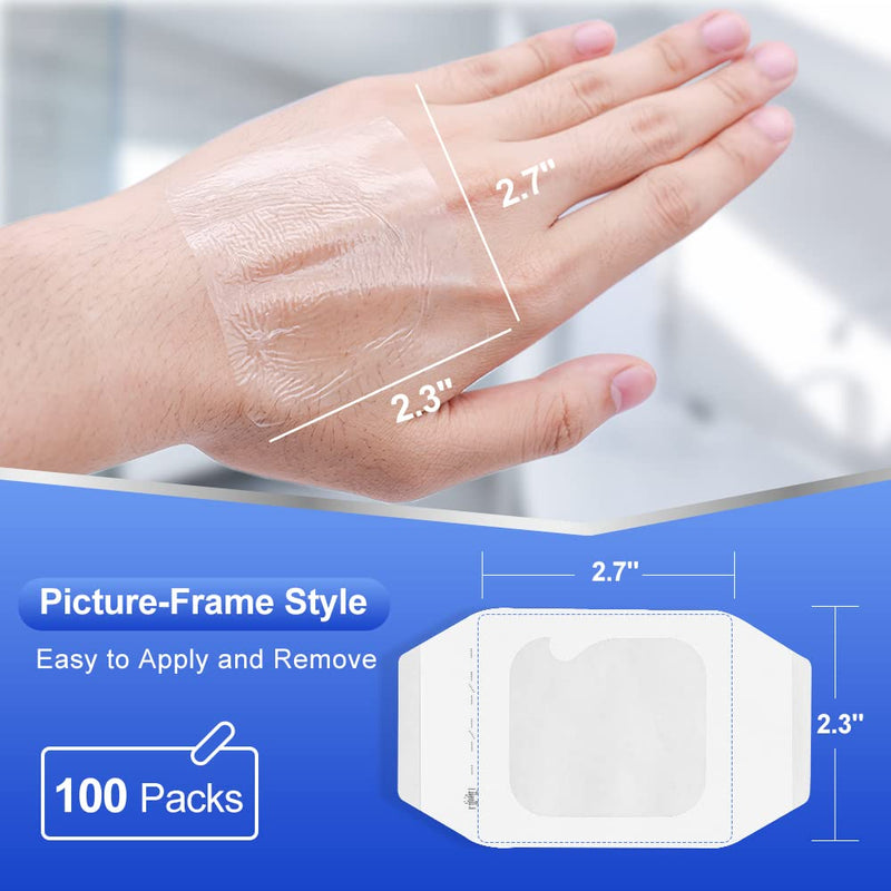 100 Pcs Transparent Film Dressing, HSA FSA Eligible, Waterproof Bandages Post Surgical for Wound Cover Shower, Clear Bandage 2.375" x 2.75" 2.3 x 2.7 in