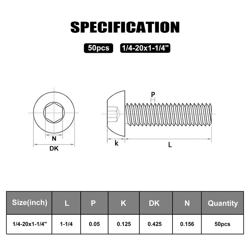 50Pcs 1/4-20 x 1-1/4" Button Head Socket Cap Bolts Screws, 304 Stainless Steel 18-8, Allen Hex Drive, Bright Finish, Fully Threaded, Hex Spanner Included (VG30307) 1/4*1-1/4(50pcs) Silver