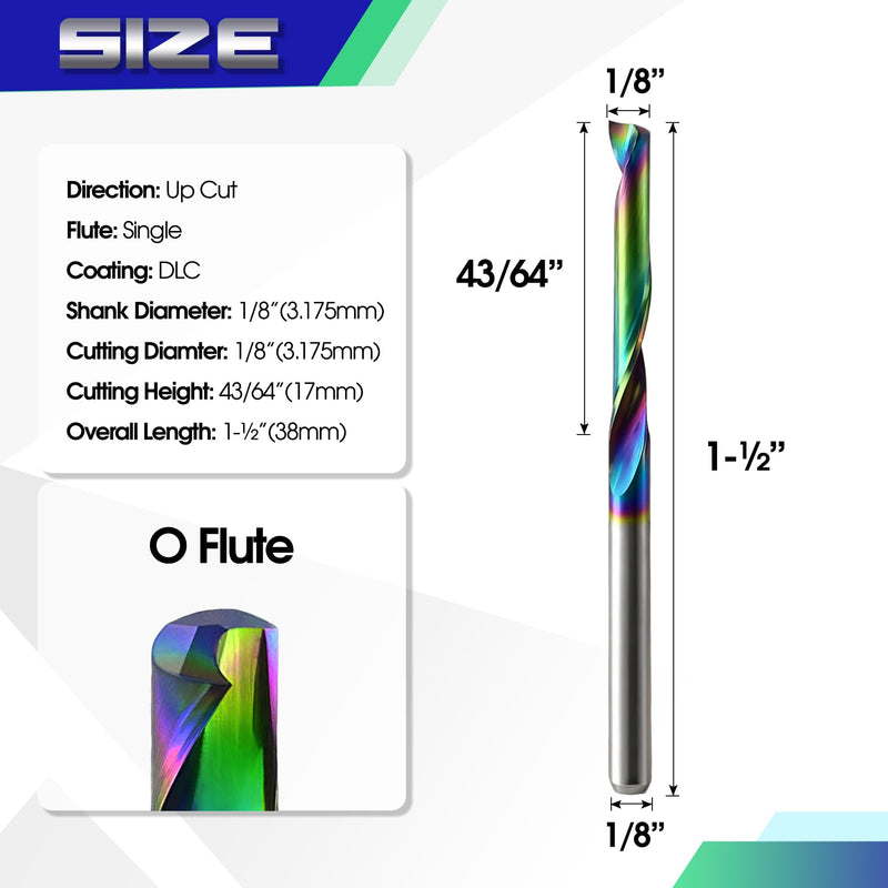 O Flute CNC Router Bits with DLC Coating, 1/8 Inch Shank Single Flute Spiral End Mill, Solid Carbide Up-Cut Milling Cutters for Aluminium, Acrylic, PVC, Plastic, Wood and MDF (Pack of 10)