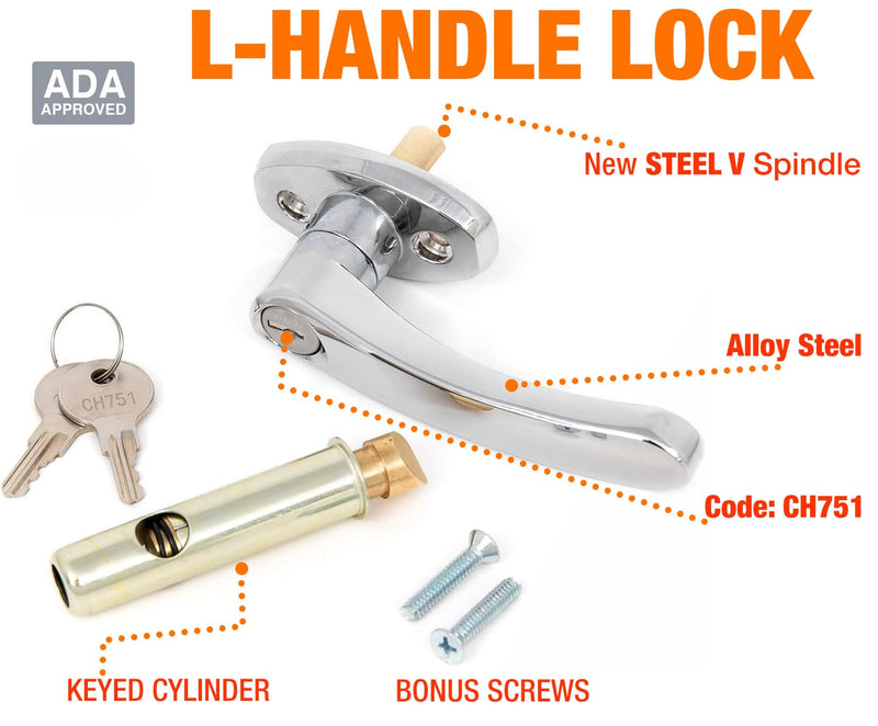 Oswald Supply L Handle and Latch Set, Chrome Locking ADA Approved with V- Spindle, Round Bolt/Plunger Latch, Midland Style with Keys and Hardware for Trash Chute and Linen Chute Doors ADA Compliant L-Handle