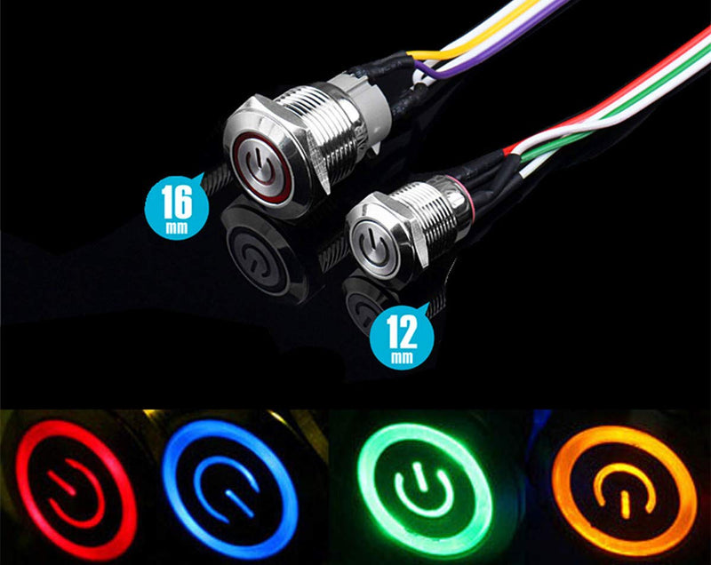 NOYITO 16mm Chassis Switch Metal Button Switch with 22inchs Extension Cable Red Yellow Blue Green Switch Symbol Suitable for Computer DIY Switch (16mm, Blue Symbol)