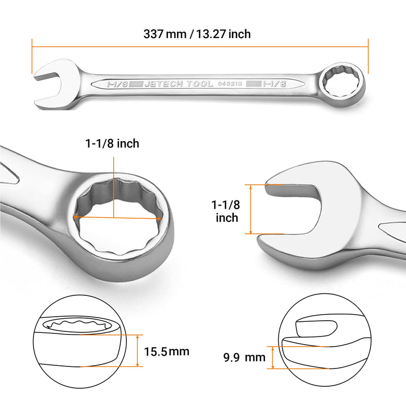 Jetech 1-1/8 Inch Combination Wrench - Industrial Grade Spanner with 12-Point Design, 15-Degree Offset, Durable Chrome Vanadium Steel, Forged, Heat-Treated, SAE Single SAE 1-1/8"