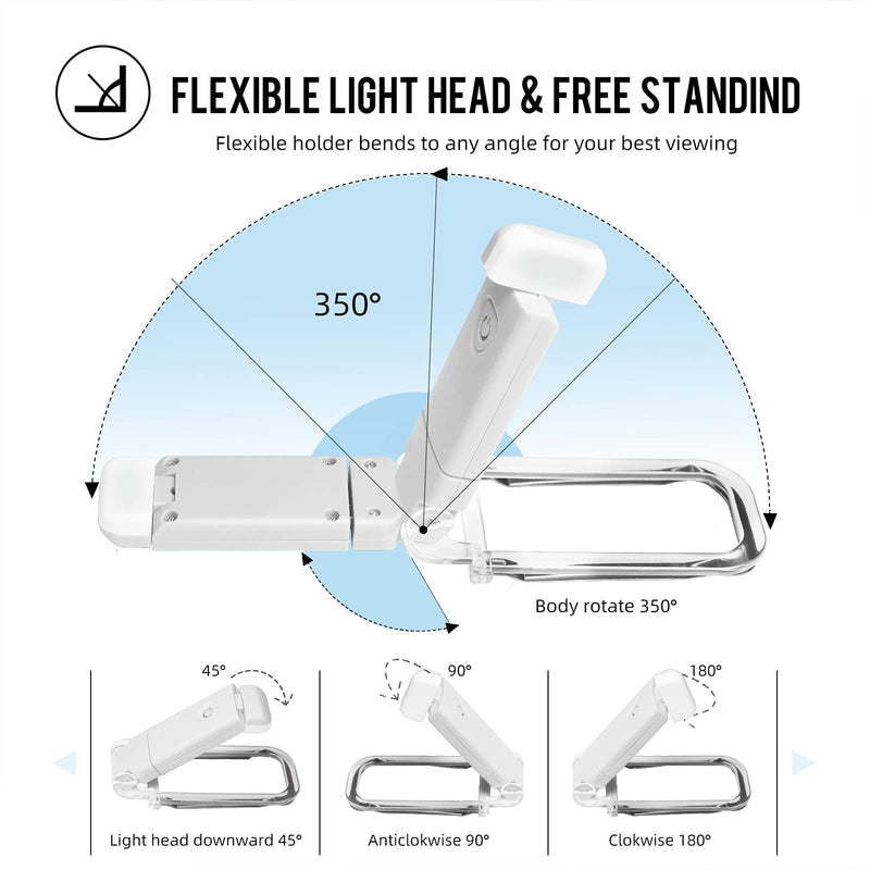 EGWASER Book Reading Light, Portable USB Rechargeable LED Clip on Book Lights for Reading in Bed, 3 Brightness Adjustable Dimmable Bookmark Light for Eye-Protection, Reading Lamp (White) White