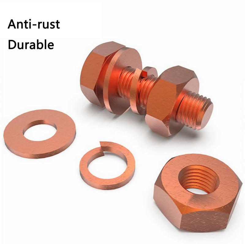 2pcs M10 X 80mm Hexagon Bolts + M10 Hex Nuts + Flat Washers + Spring Lock Washers Kit, T2 Conductive Pure Copper Hex Head Screw Bolt M10x80mm-2pcs