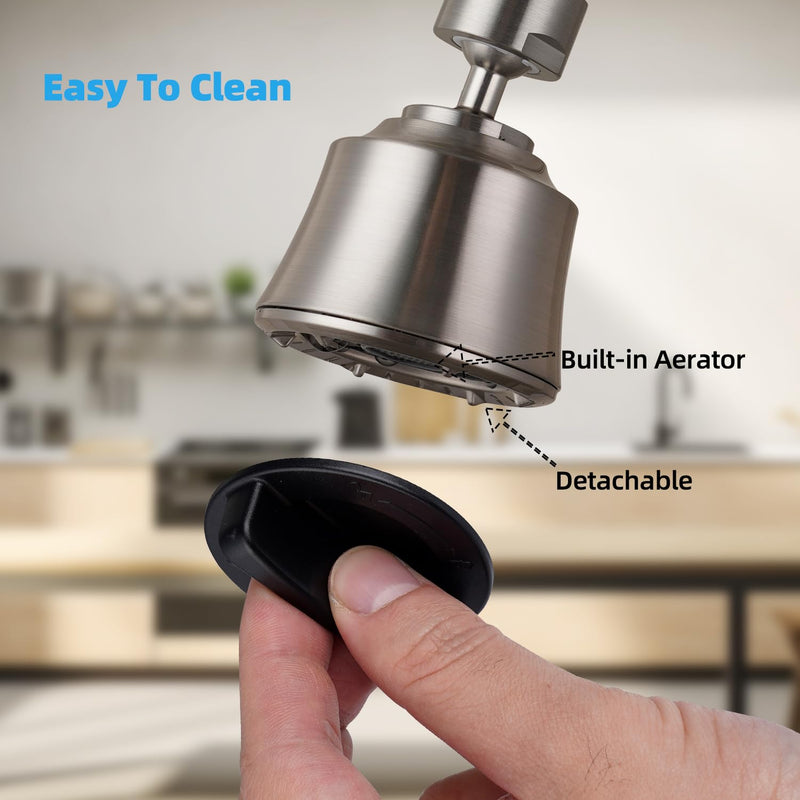 iFealClear Kitchen Sink Faucet Head, 360° Faucet Sprayer Attachment for Kitchen Faucet, Large Angle Faucet Aerator 55/64-27UNS, 2 Metal Swivel Joints, 4 Spray Modes, Brass Adapters, Brushed Nickel 2 Swivel Joints Brushed Nickle