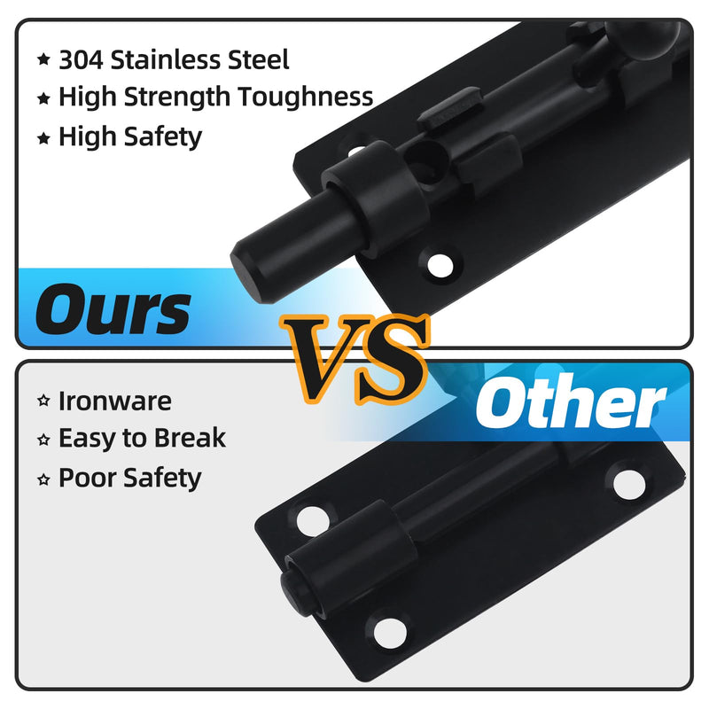 Barrel Bolt Latch, 6.3" Heavy Duty Gate Latch Slide Lock Solid 304 Stainless Steel Bolt Lock for Inside Door, Finished Shed Door Latch (2 Pack, Black) Black 6inch 2