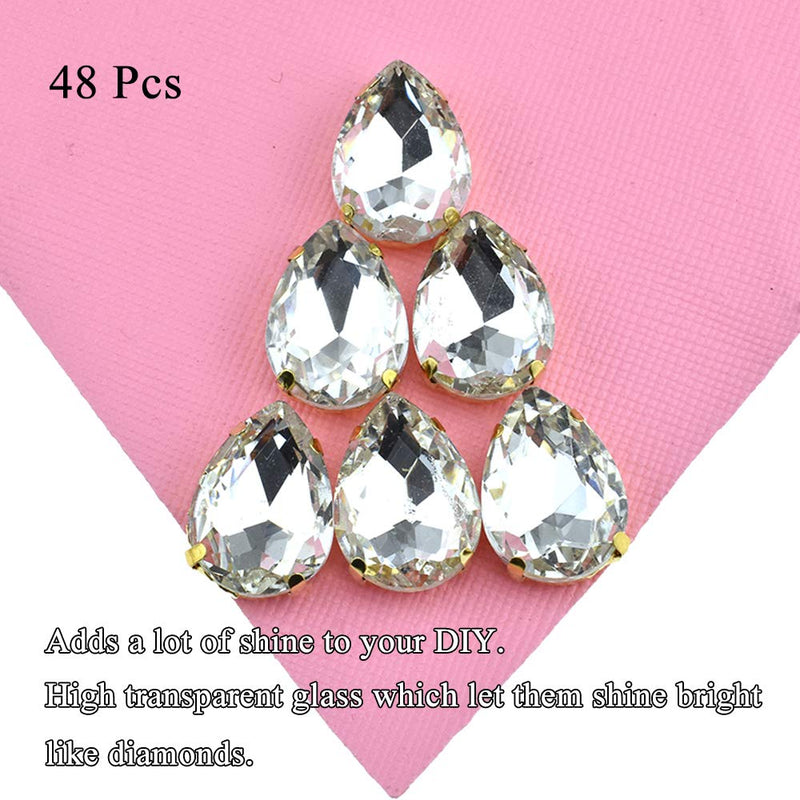 Hahiyo 13x18mm Sew On Rhinestones Claws Base High Transparent Glass Crystal Gems Metal Back Prong Setting Easy Glue Tear Drop 48 Pieces Multi-Function for Jewelry Gift Dress Arts Crafts Decorate 13x18 Teardrop White-48Pcs