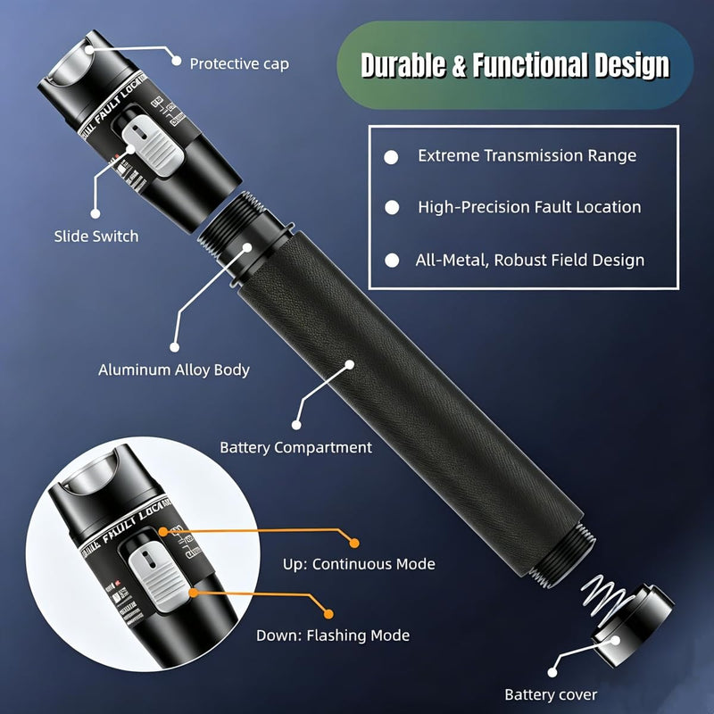 Visual Fault Locator, Fiber Optic Cable Tester Pen, VFL Red Light Tool with FC to LC Adapter & 2.5mm Universal Connector (Black, 80 KM) Black