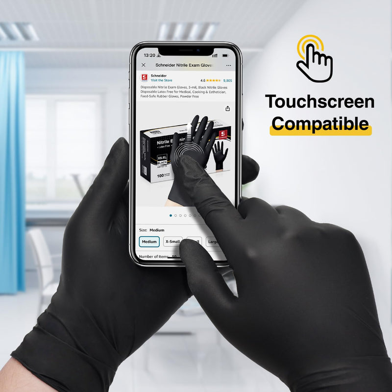 Schneider Nitrile Exam Gloves, Black Latex Free Powder Free Disposable Gloves for Medical, Cooking, Cleaning, and Food Prep 100 Medium