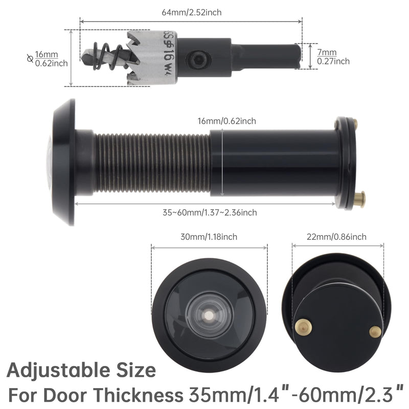 Door Viewer Peephole, Solid Brass Peephole with 5/8" (16 mm) Drill Bit for 1-1/2" to 2-3/8" Doors, 200 Degree Wide Viewing Angle Peep Holes for Front Door with Privacy Cover (Black) Black