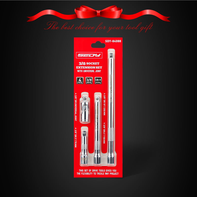 3/8" Socket Extension Bar Set: 4-Piece Professional Socket Extension Set Include 3, 6, and 10 Inch Extensions and 3/8 Inch drive Universal Joint Socket, Premium Cr-V Steel Construction