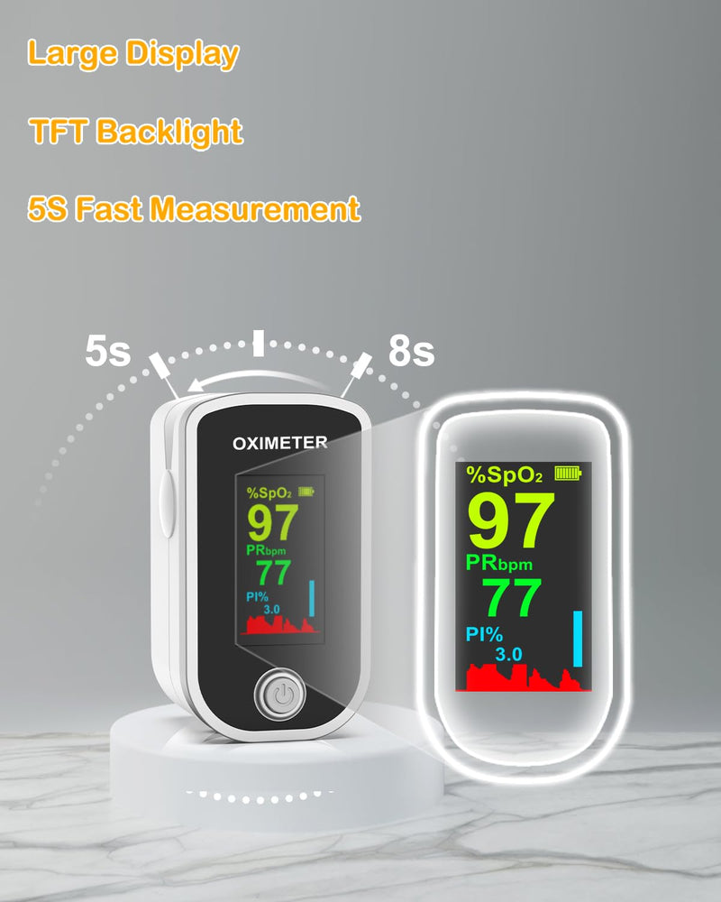 Pulse Oximeter Fingertip - Oxygen Meter Finger Pulse Oximeter - Blood Oxygen Saturation Monitor with Heart Rate and Fast Spo2 Reading, Pulse Ox with TFT Screen, Lanyard (Not include Batteries)