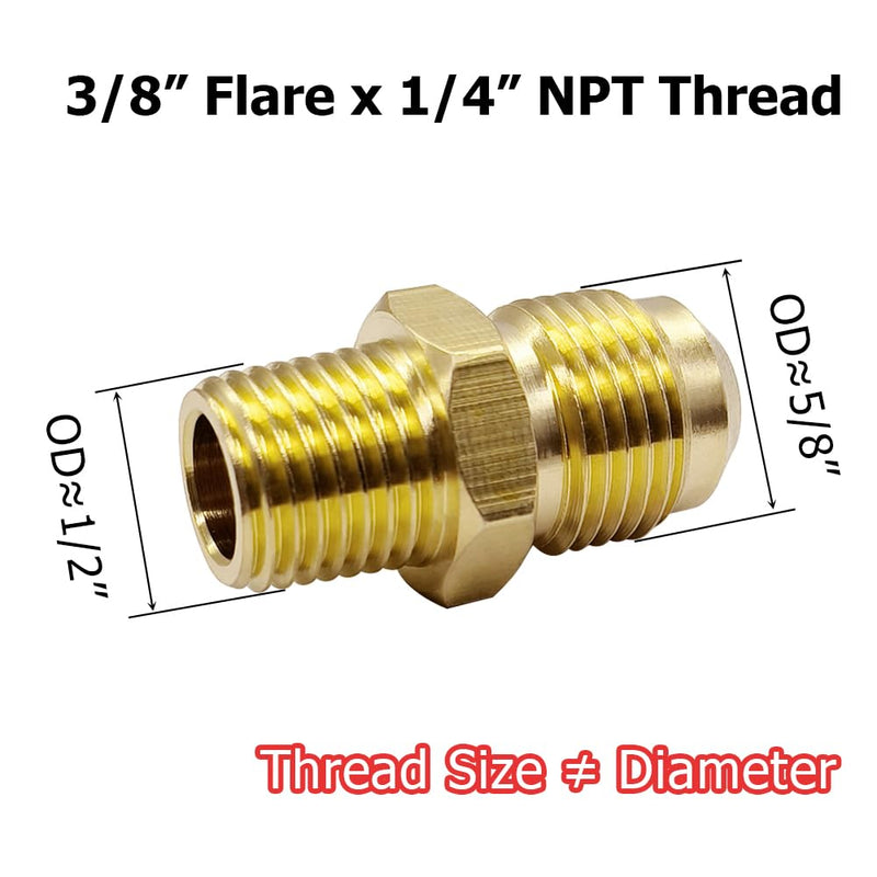 Hooshing 3/8" Flare to 1/4" NPT Male Brass Flare Tube Pipe Fitting Coupler Union Propane Gas Fitting Connector, 2 Pack 1/4" Male NPT x 3/8" Male Flare