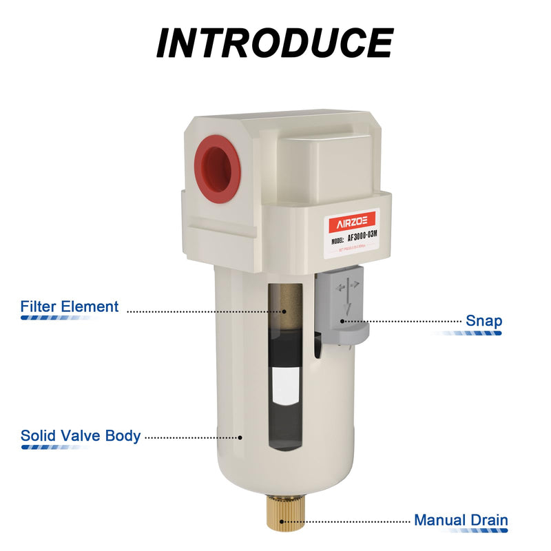 3/8" NPT Air Dryer for Compressor - Air Compressor Water Separator AF3000-03, Manual Drain,5 Micron Brass Element, Poly Bowl, 0-150 psi Gauge 3/8" NPT