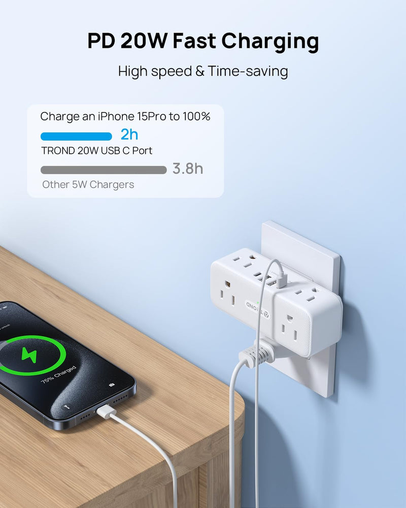 TROND Outlet Extender Surge Protector, 6 AC Outlet Splitter with 360° Rotating Plug, Multi Plug Adapter with PD 20W USB C, 900J, 2 USB-A & 2 USB-C, 3 Way Wall Extension Adapter for Home Office Travel 6A2U2C - PD20W - 1 PACK