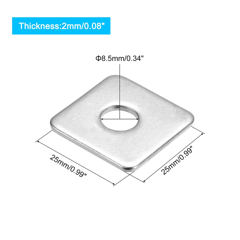 uxcell Square Washer, 50Pcs M8x25x25x2mm 304 Stainless Steel Square Plate Washers Flat Pad Spacer Gasket for Hardware Fastener 50