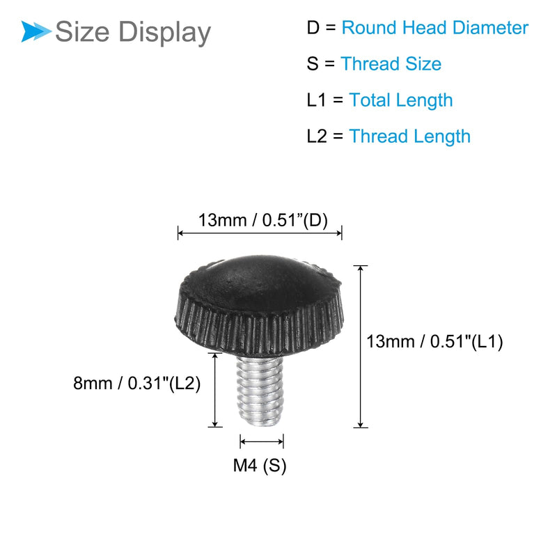 Thumb Screw Knurled Knobs, M4 x 8mm Male Thread, Black Round Head Clamping Screw Threaded Stud Hand Knobs Grip, (Applications: for Machinery Lathes), 20-Pieces