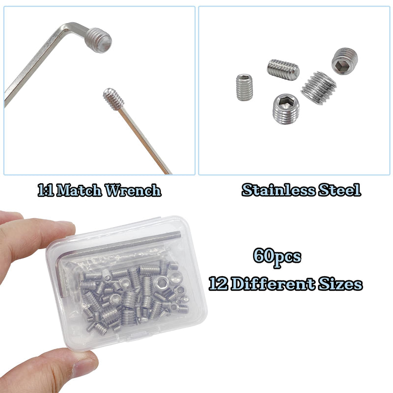 60pcs Set Screws, Allen Head Screws, Grub Screws M3 M4 M5 M6 M8 for Home Repair, Install Door Lock, Repair Furniture, Electronic Product, DIY, Fixtures (Stainless Steel 12 Sizes) 60pcs(Stainless Steel 12 Sizes)