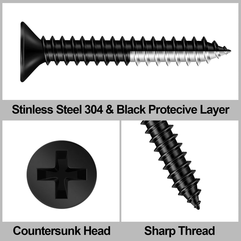 #8 x 1-1/4" 120 PCS Flat Head Sheet Metal Screws, Phillips Drive Self Tapping Screws, Stainless Steel Countersunk Head Wood Screws, Black Coating #8 x 1-1/4"