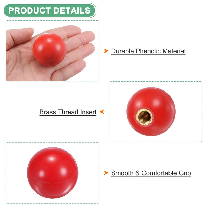 10-Pack Threaded Ball Knobs, M10 Female Thread 35mm Dia. Thermoset Ball Knob for Lathe/Machine/Lawn Mowers, Round Phenolic Brass Insert Lever Handle [Red] M10x35mm